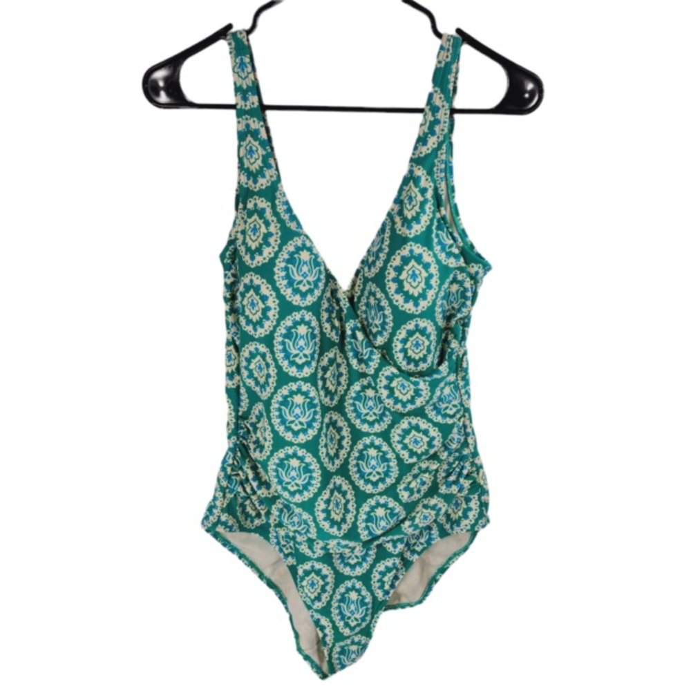 Boden Wrap Front One Piece SwimSuit sz 12 Women Teal Blue Green Floral